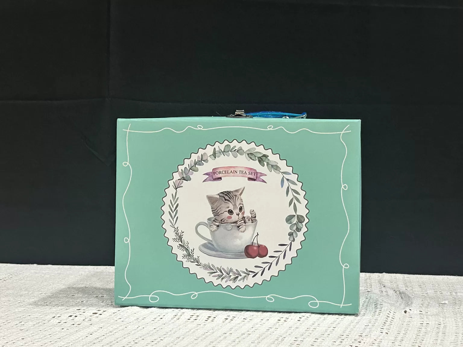 Cat-Themed Pastel Polka-Dot Porcelain Tea Set with Carrying Case