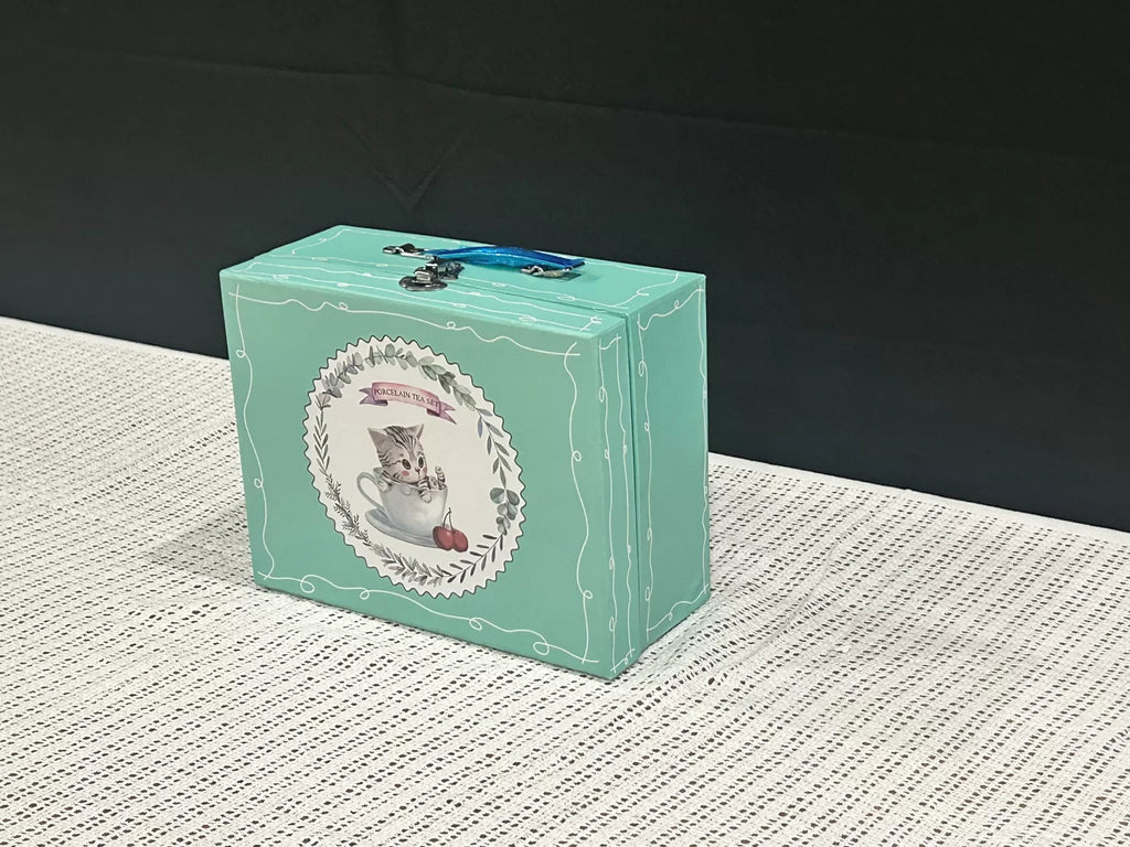 Cat-Themed Pastel Polka-Dot Porcelain Tea Set with Carrying Case
