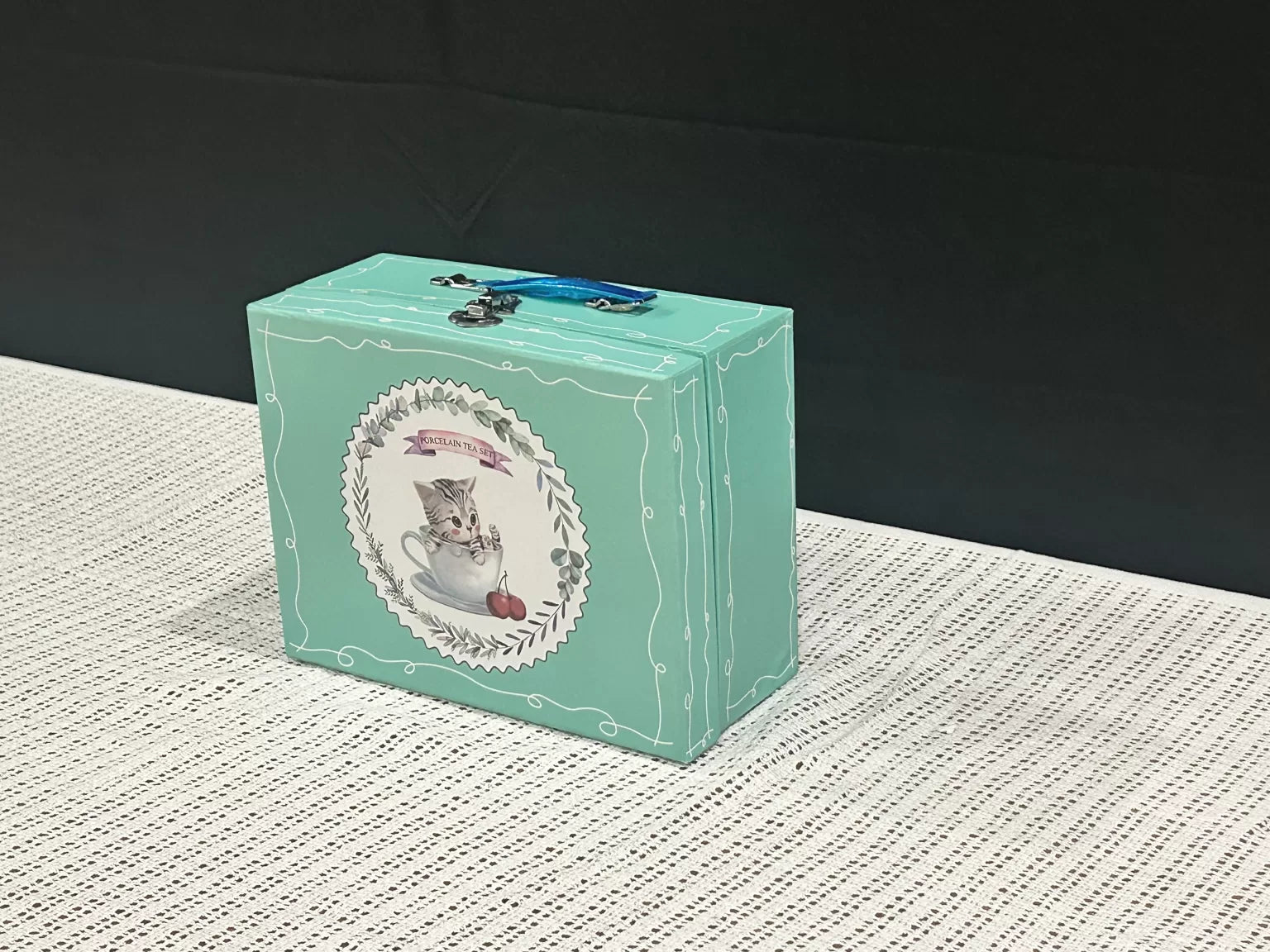 Cat-Themed Pastel Polka-Dot Porcelain Tea Set with Carrying Case