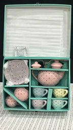 Cat-Themed Pastel Polka-Dot Porcelain Tea Set with Carrying Case