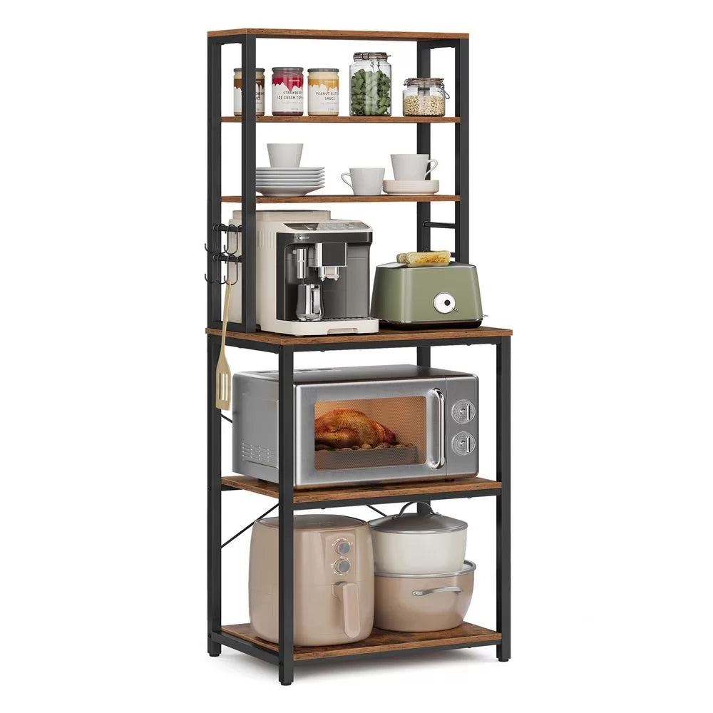 VASAGLE 6-Tier Kitchen Storage Rack with 6 Hooks – Rustic Brown and Black