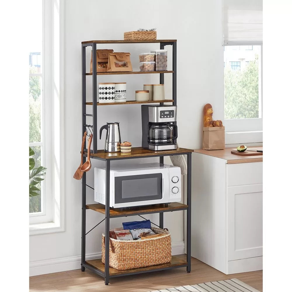 VASAGLE 6-Tier Kitchen Storage Rack with 6 Hooks – Rustic Brown and Black