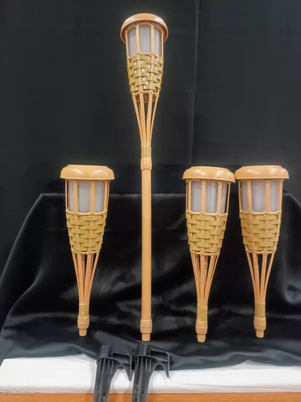Solar-Powered Bamboo-Look Tiki Torch Lights – Set of 4